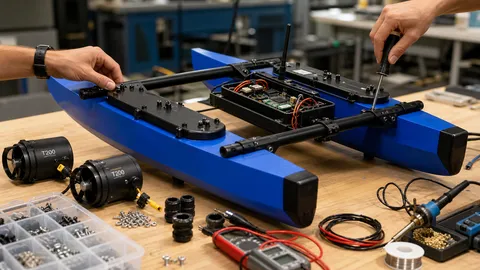 BlueBoat assembly on workbench with T200 thrusters and PCB