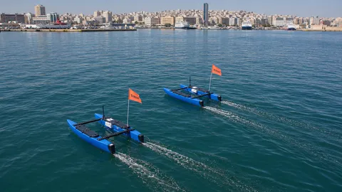 Two BlueBoat USVs racing in Piraeus harbour