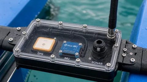 GPS, IMU, and sonar sensor enclosure on deployed BlueBoat