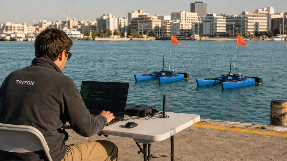 Engineer at field station running MOOS-IvP on laptop, two BlueBoat USVs deployed on Piraeus harbour in the background