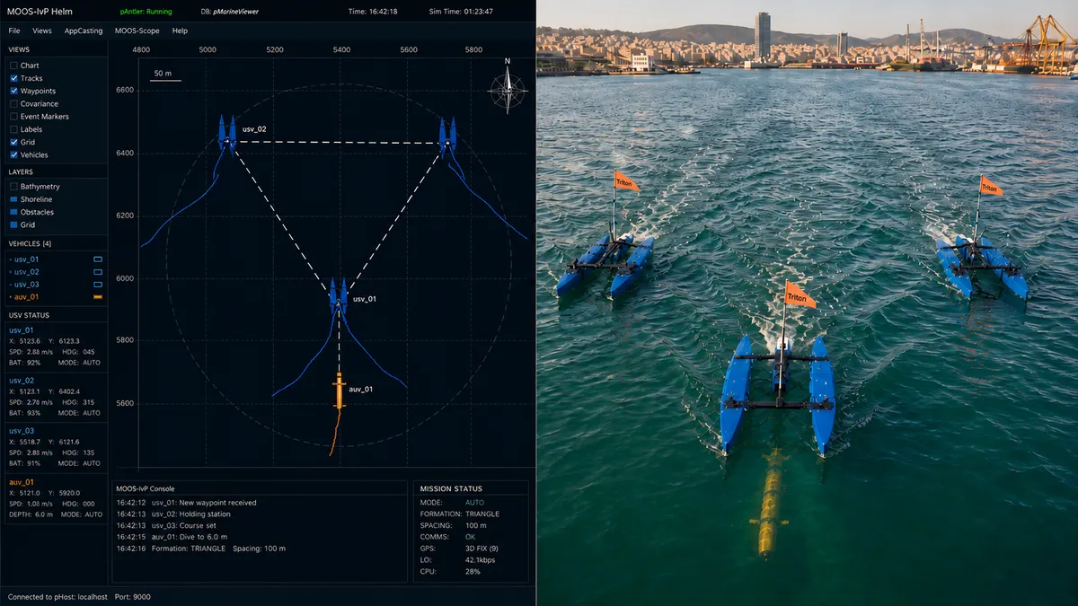 MOOS-IvP simulation display alongside three BlueBoat USVs in coordinated formation on Piraeus harbour, with a UUV visible below the surface